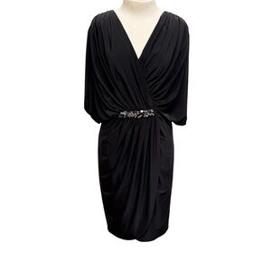 Tadashi Shoji Draped Ruched Cocktail Dress Women Large Black Formal Embellished